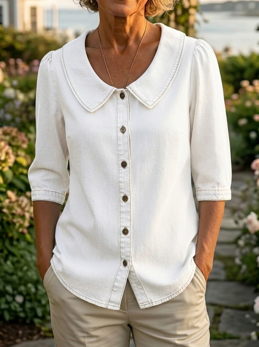 Women's Denim-Style Peter Pan Collar Button Shirt
