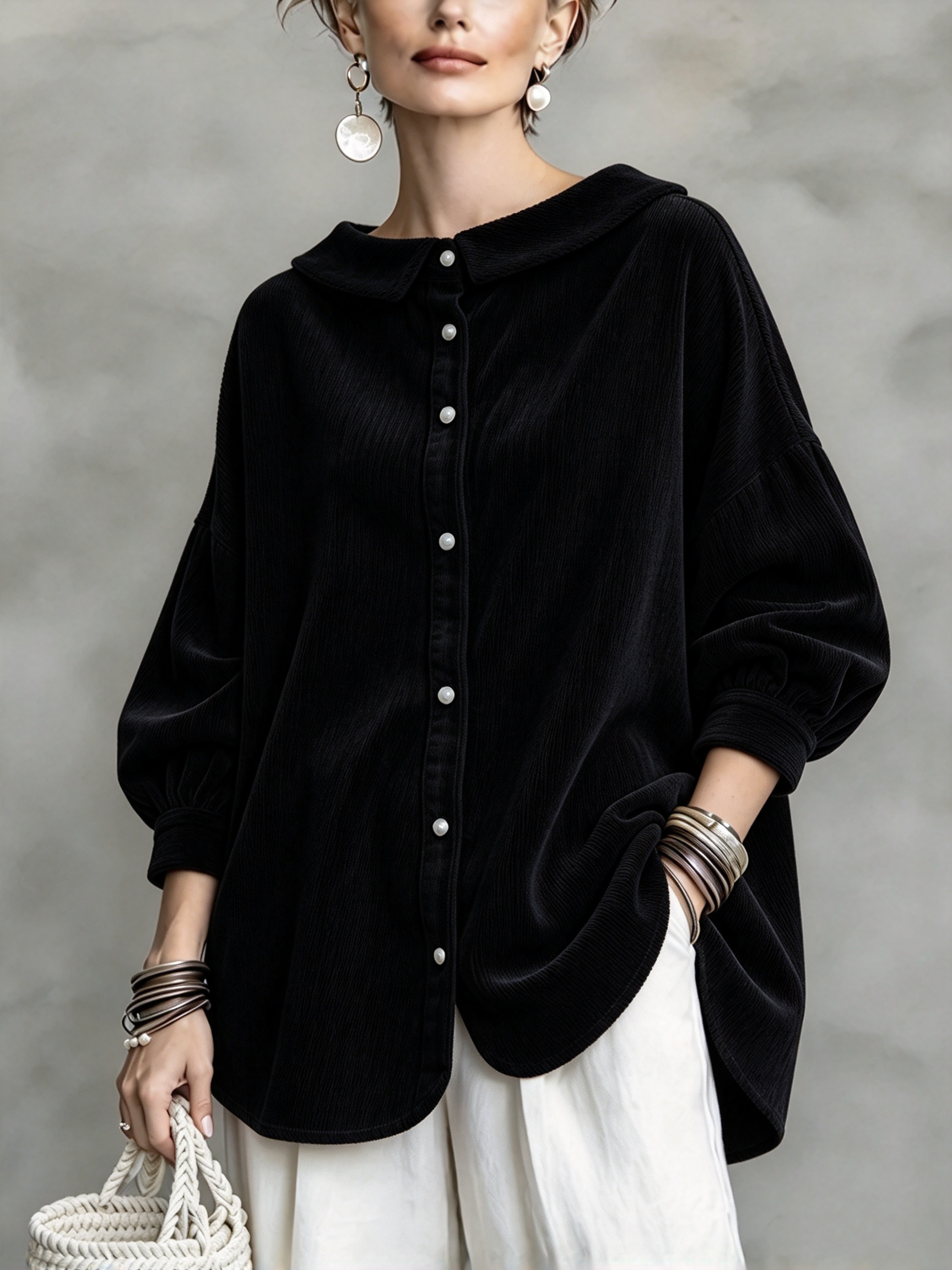 Black textured peter pan collar shirt &mdash; original product color image