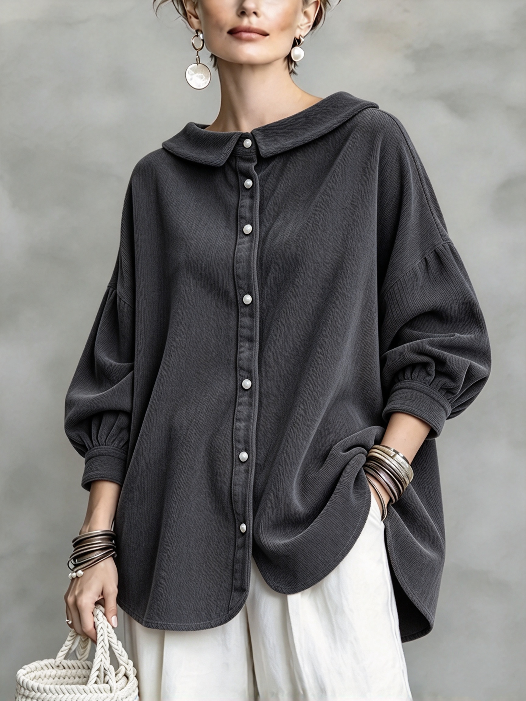 Grey textured peter pan collar shirt &mdash; original product color image