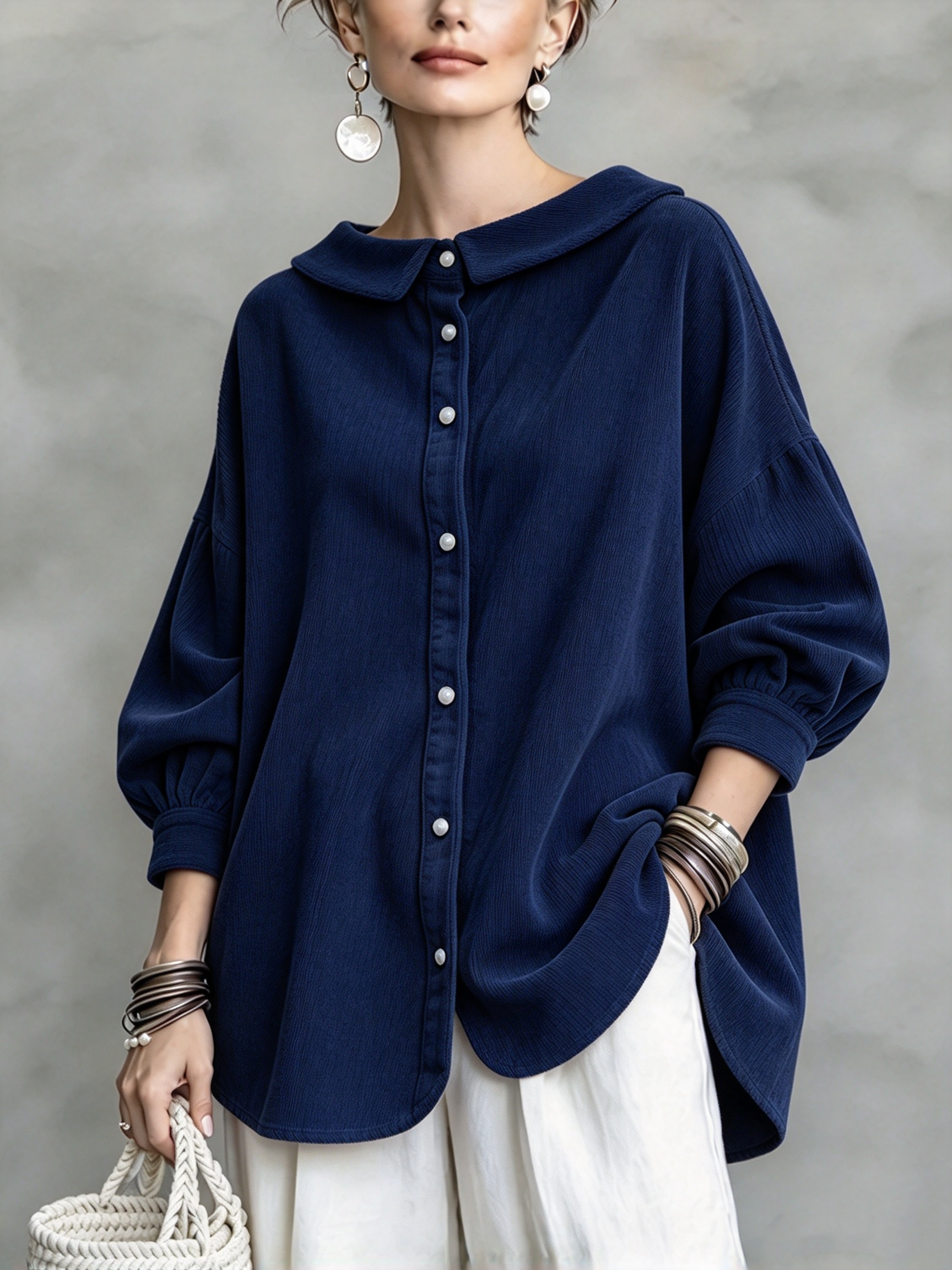 Navy textured peter pan collar shirt &mdash; original product color image