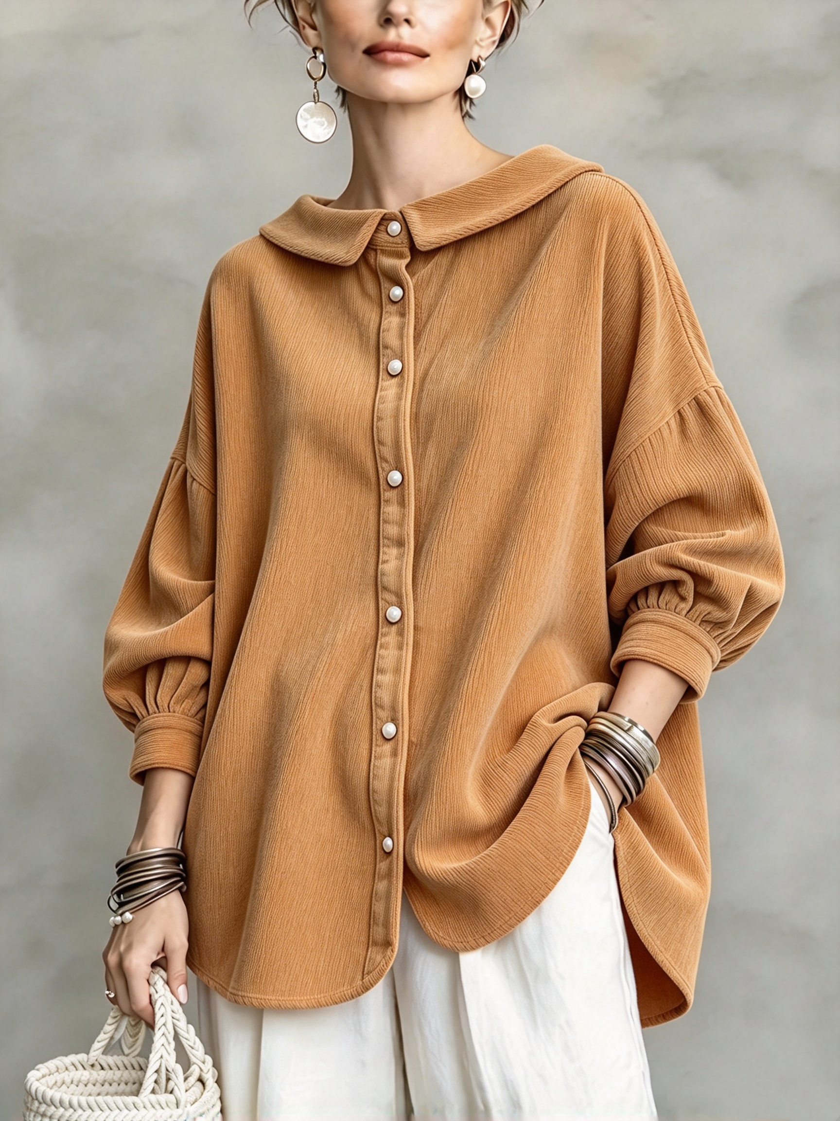 Khaki textured peter pan collar shirt &mdash; original product color image