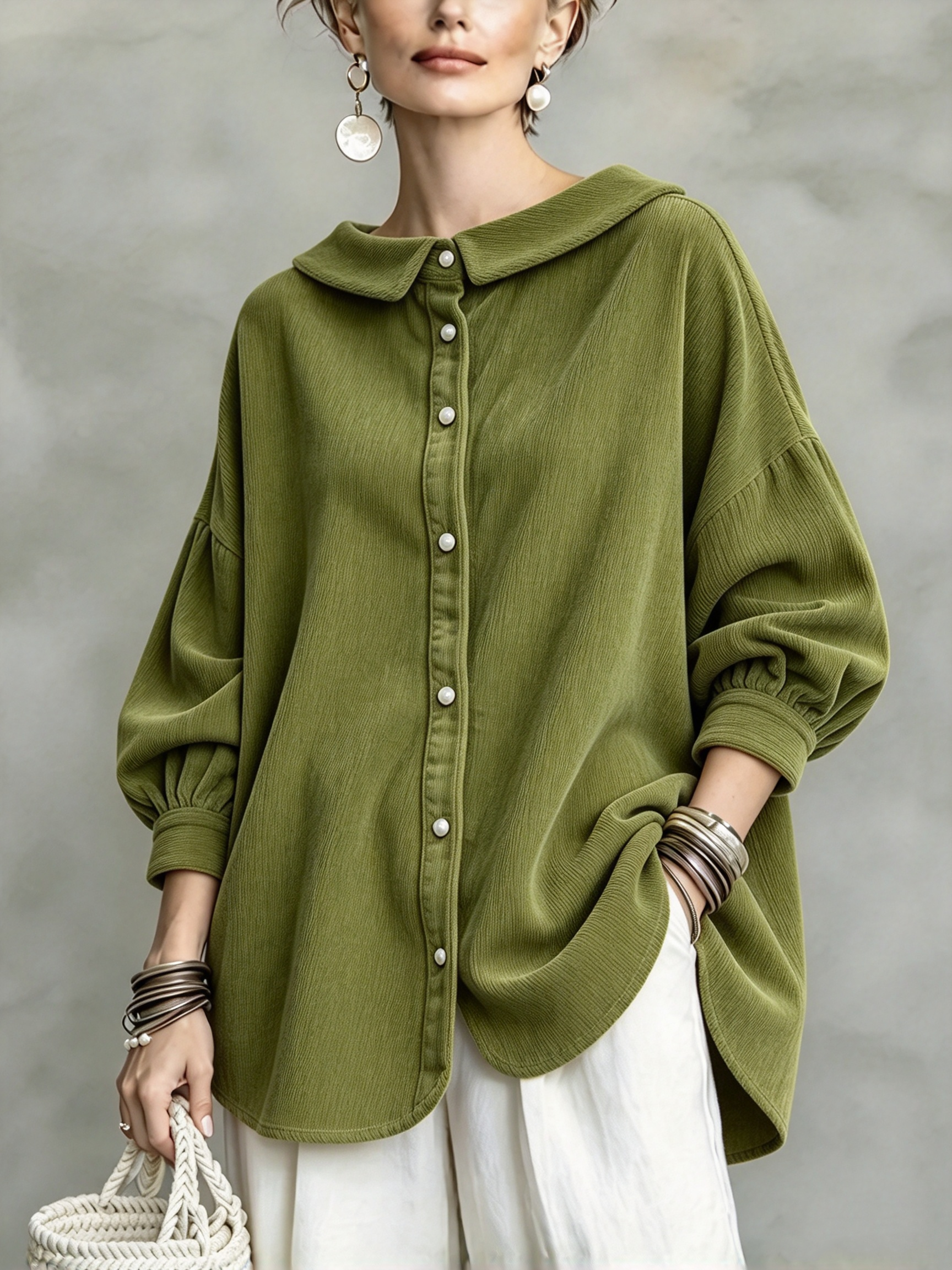 Green textured peter pan collar shirt &mdash; original product color image