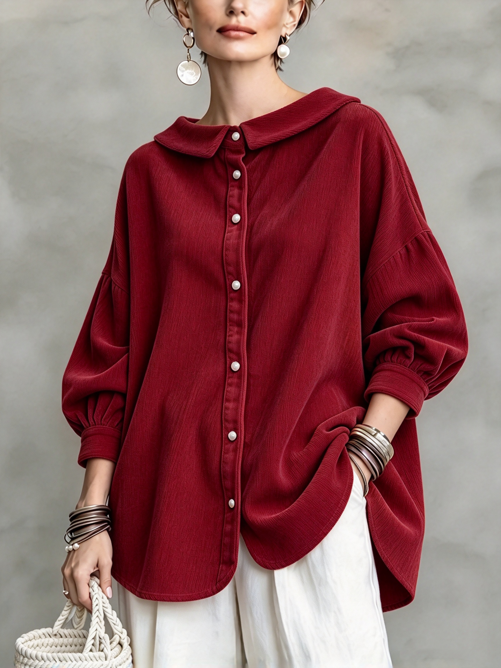 Red textured peter pan collar shirt &mdash; original product color image