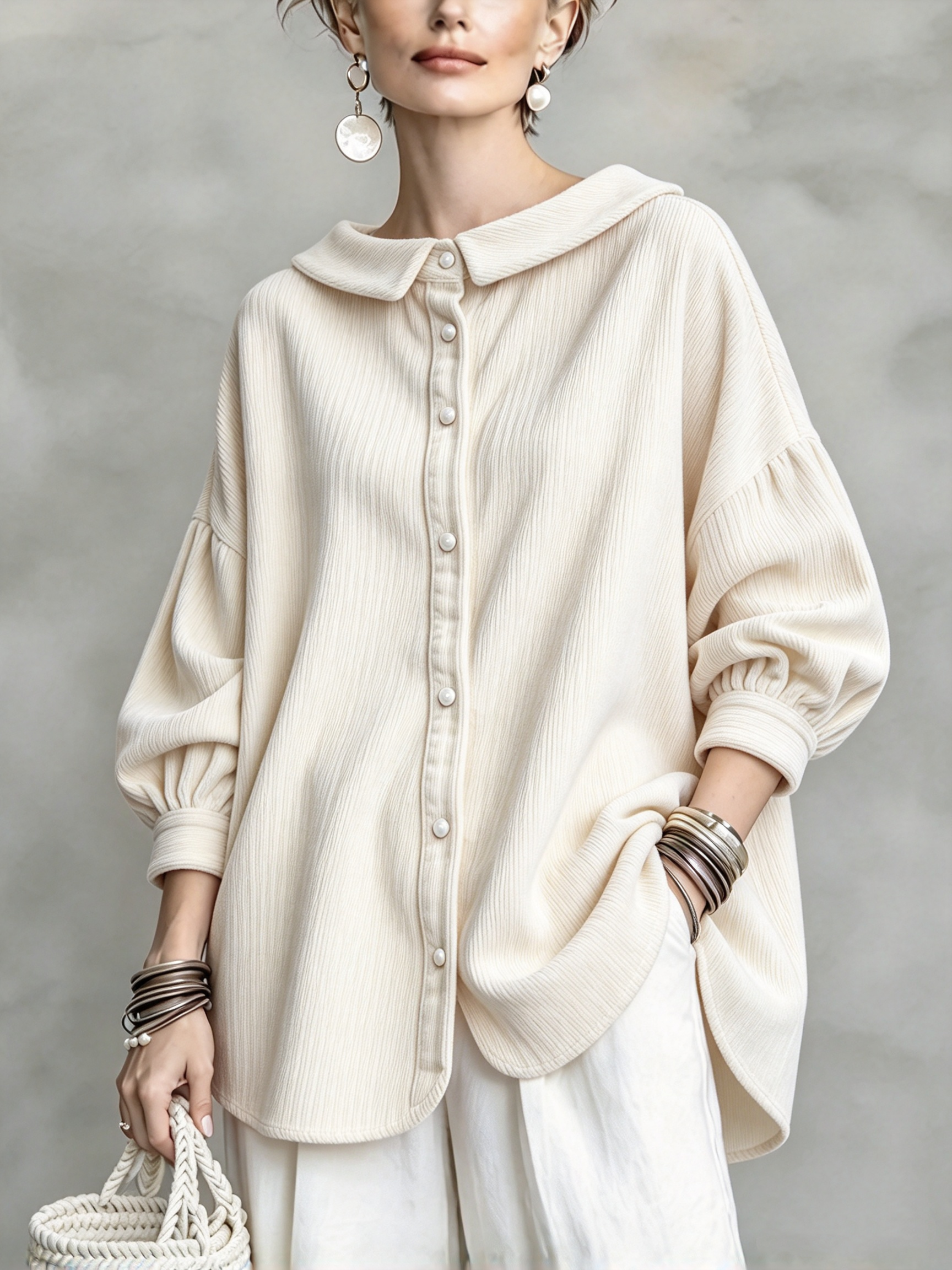 White textured peter pan collar shirt &mdash; original product color image