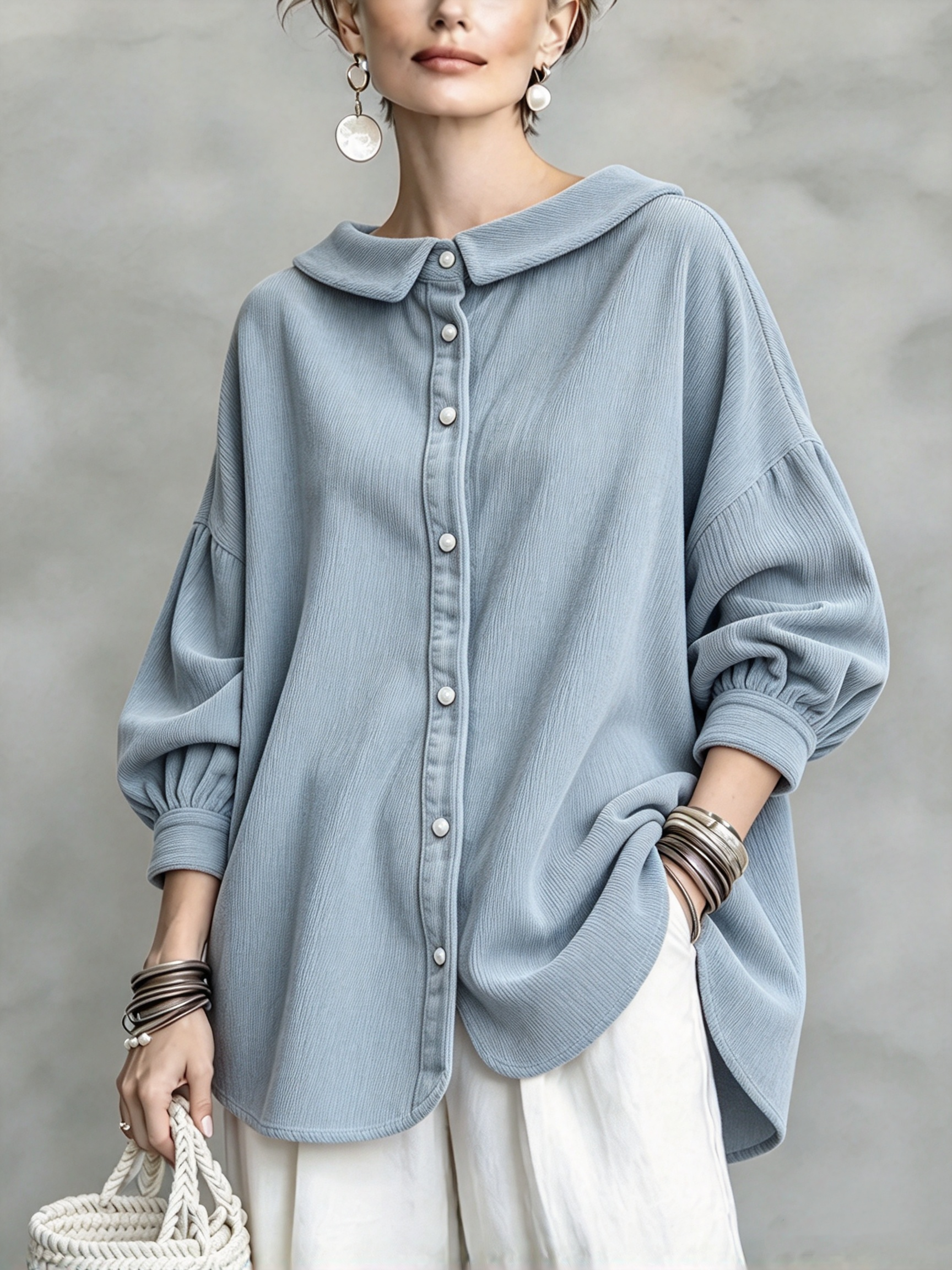 Blue textured peter pan collar shirt &mdash; original product color image