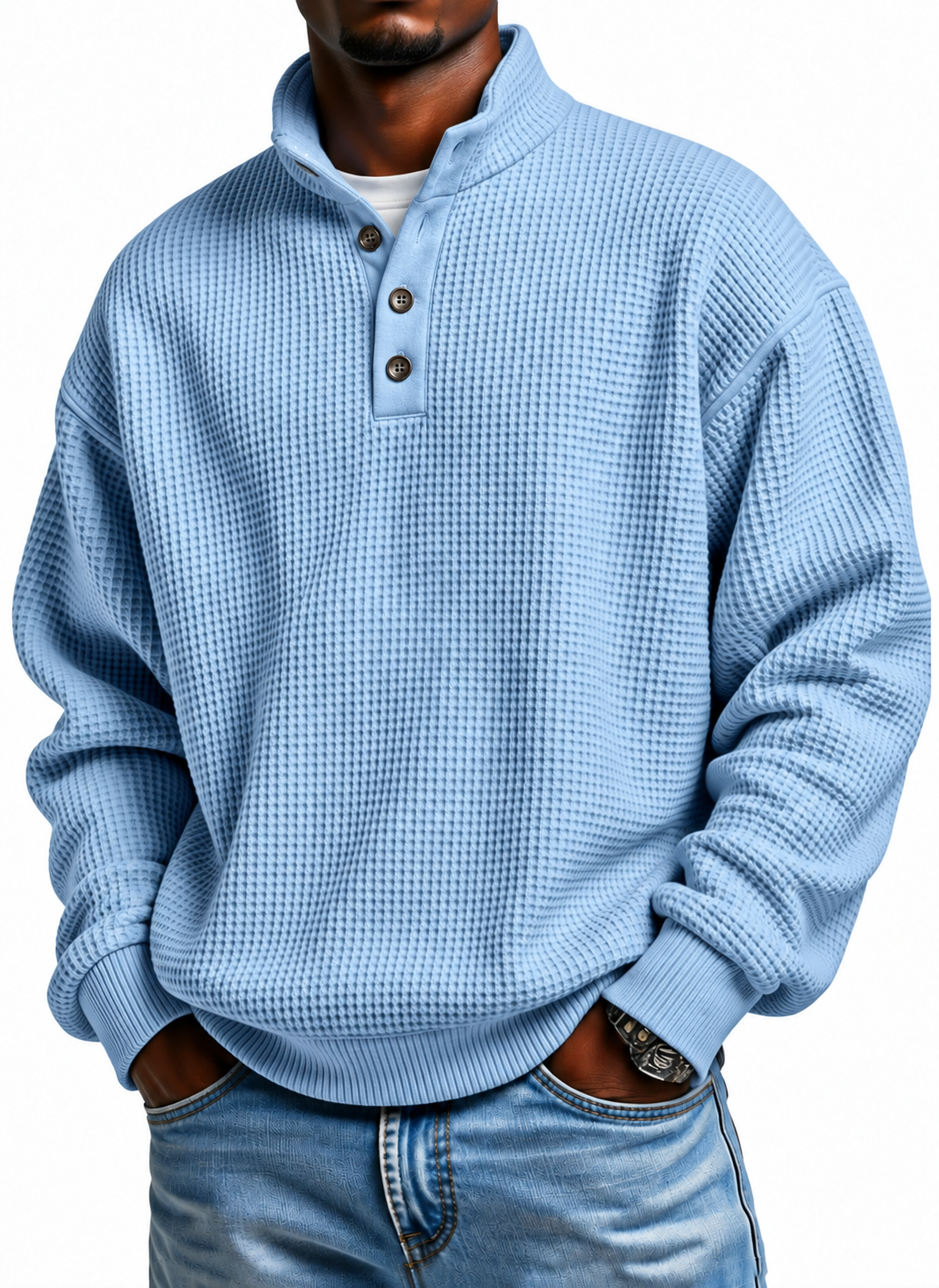 Men Henley Mock Neck Knit Sweater, Long Sleeve Button Casual Pullover
