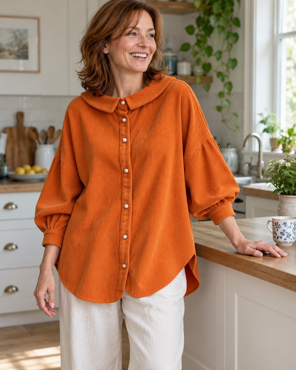 At home, in good company. &mdash; Textured Peter Pan Collar Shirt