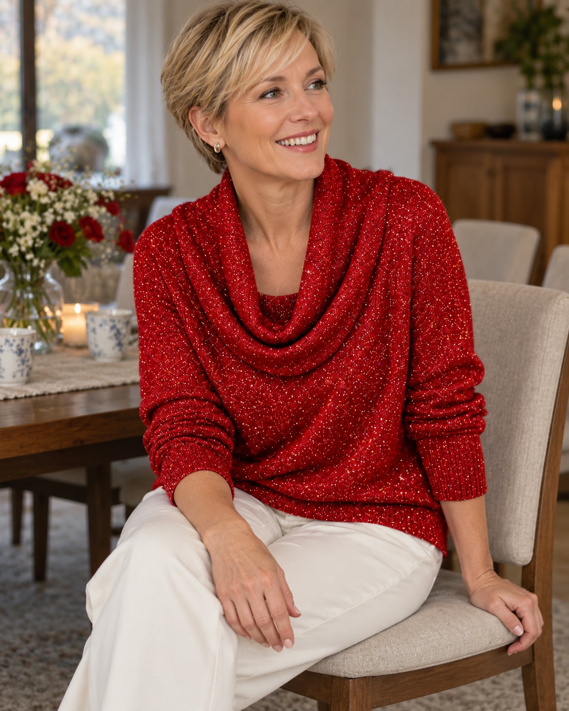 A relaxed gathering at home. &mdash; Shimmer Cowl-Neck Sweater