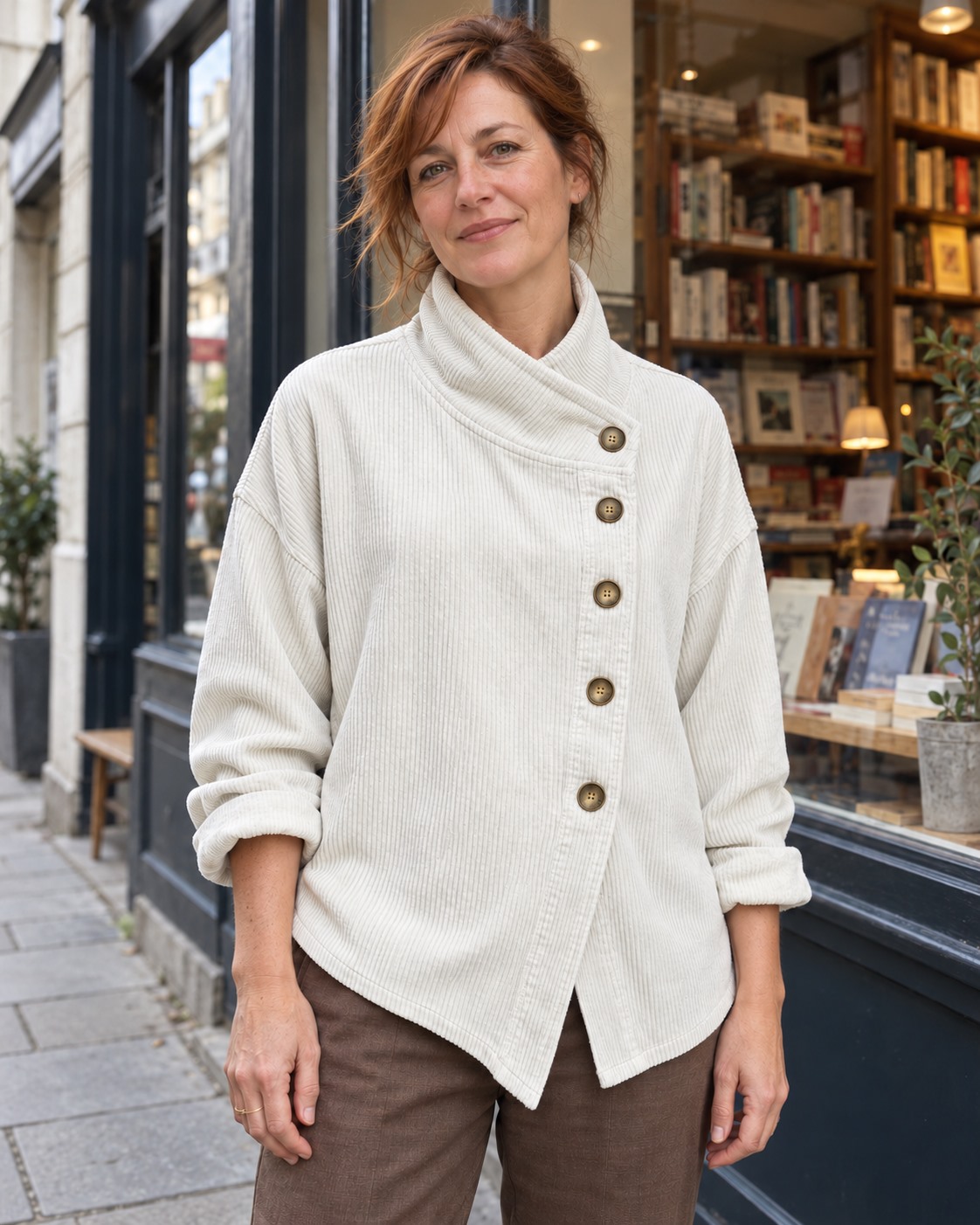 Ivory asymmetric five-button textured top with brown trousers outside a neighborhood bookshop