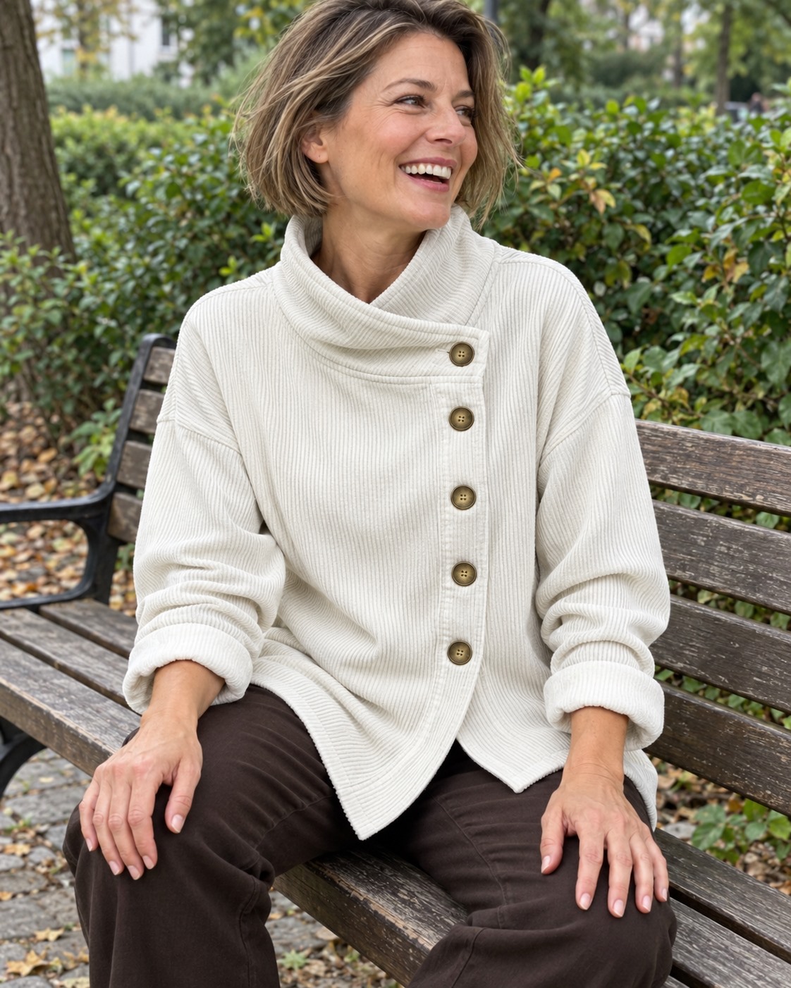 A moment in the fresh air. &mdash; Asymmetric Button-Neck Top