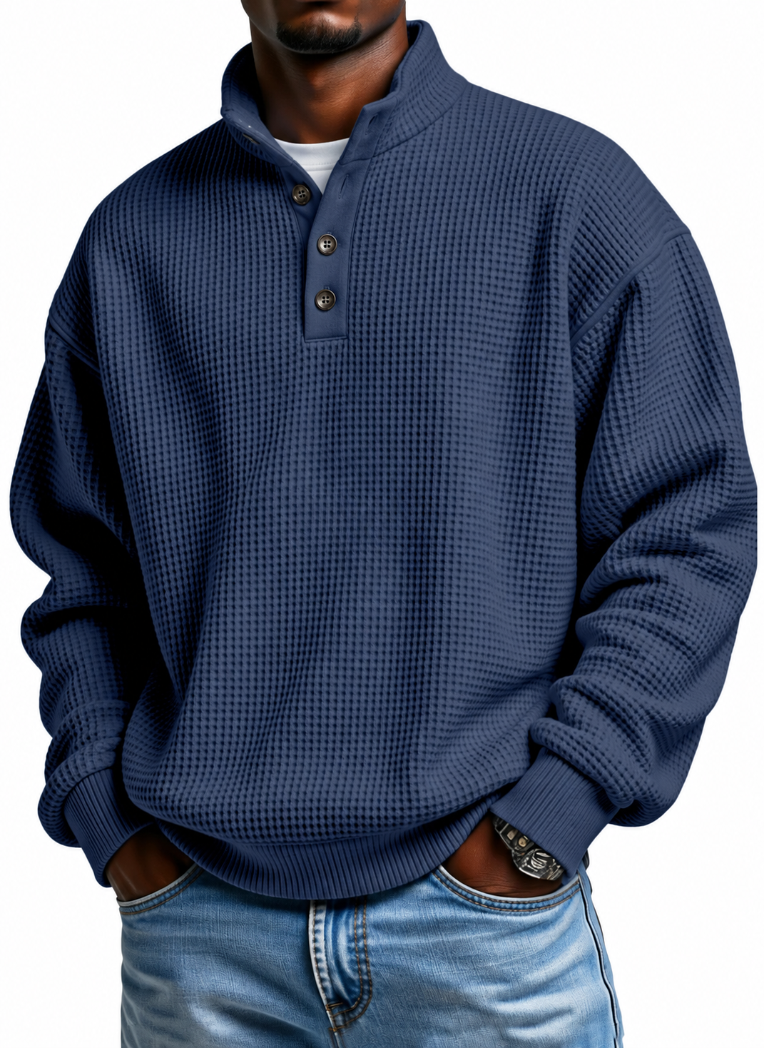 Men Henley Mock Neck Knit Sweater, Long Sleeve Button Casual Pullover