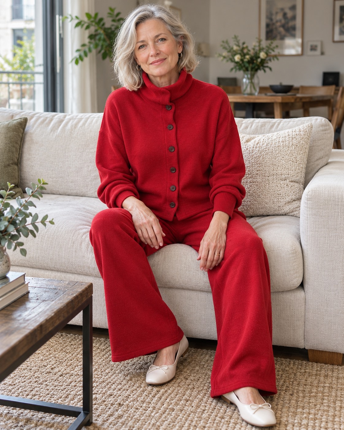 A quiet moment at home. &mdash; Button-Neck Wide-Leg Knit Set