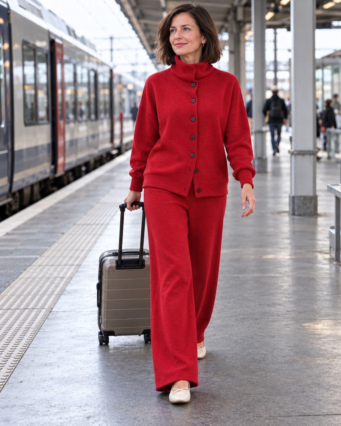 Matching red stand-collar top and wide-leg trousers on a station platform with a small suitcase