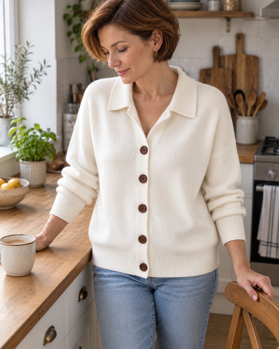The everyday denim pairing &mdash; ivory collared cardigan outfit idea