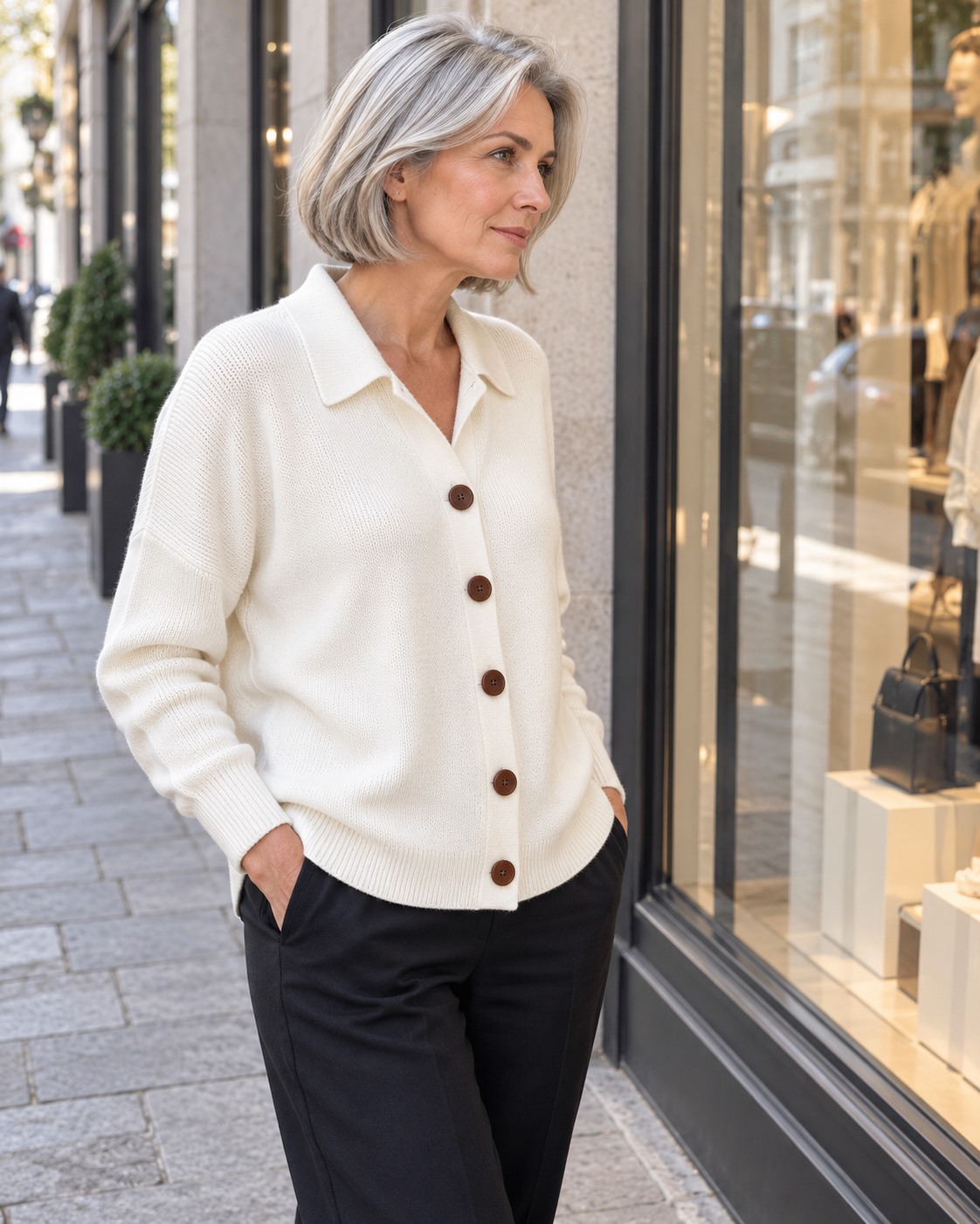 A darker line for the city &mdash; ivory collared cardigan outfit idea