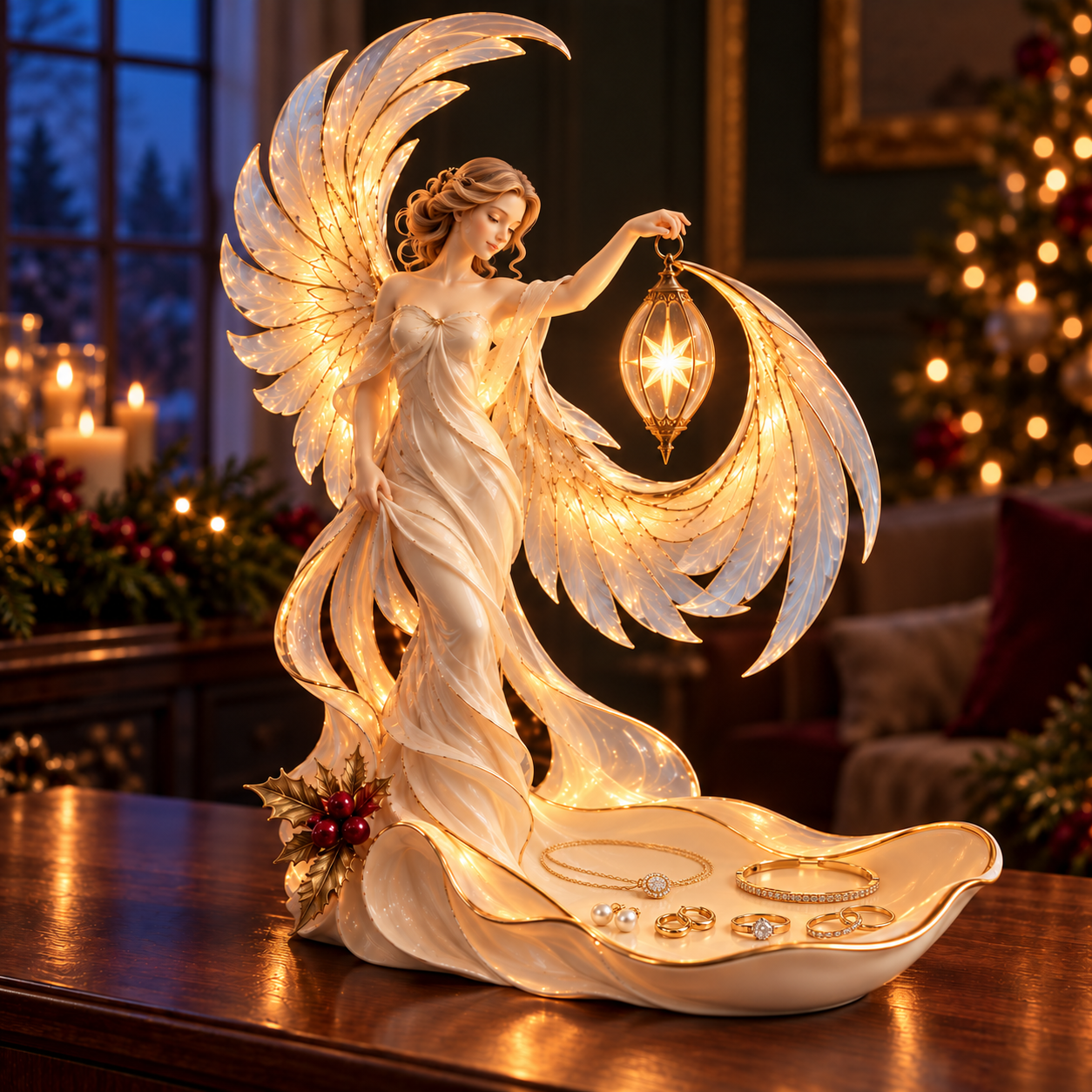 Ivory and gold angel holding a glowing star lantern above a tray of necklaces, rings and earrings.