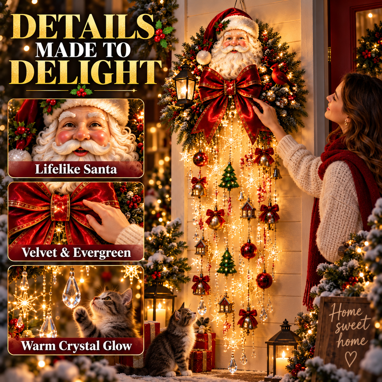 Close-up details of Santa face, velvet bow, greenery and crystal lights