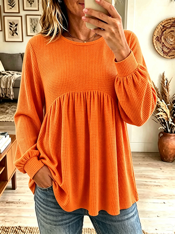 Women's Waffle KnitEmpire Waist LongSleeve BabydollPullover Top