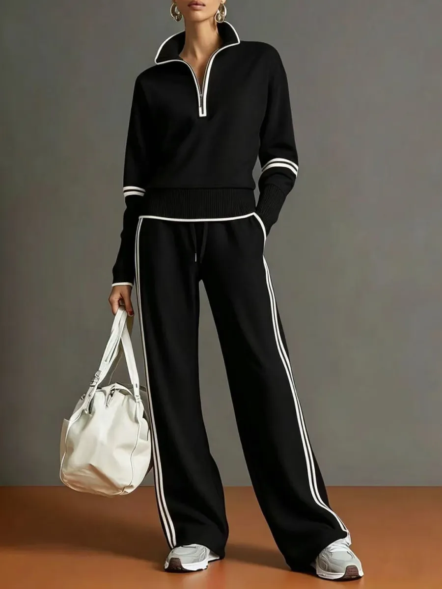 Women's Casual Two-piece Set Featuring A Half-zip Cotton Sweatshirt And Pants With Color-block Piping