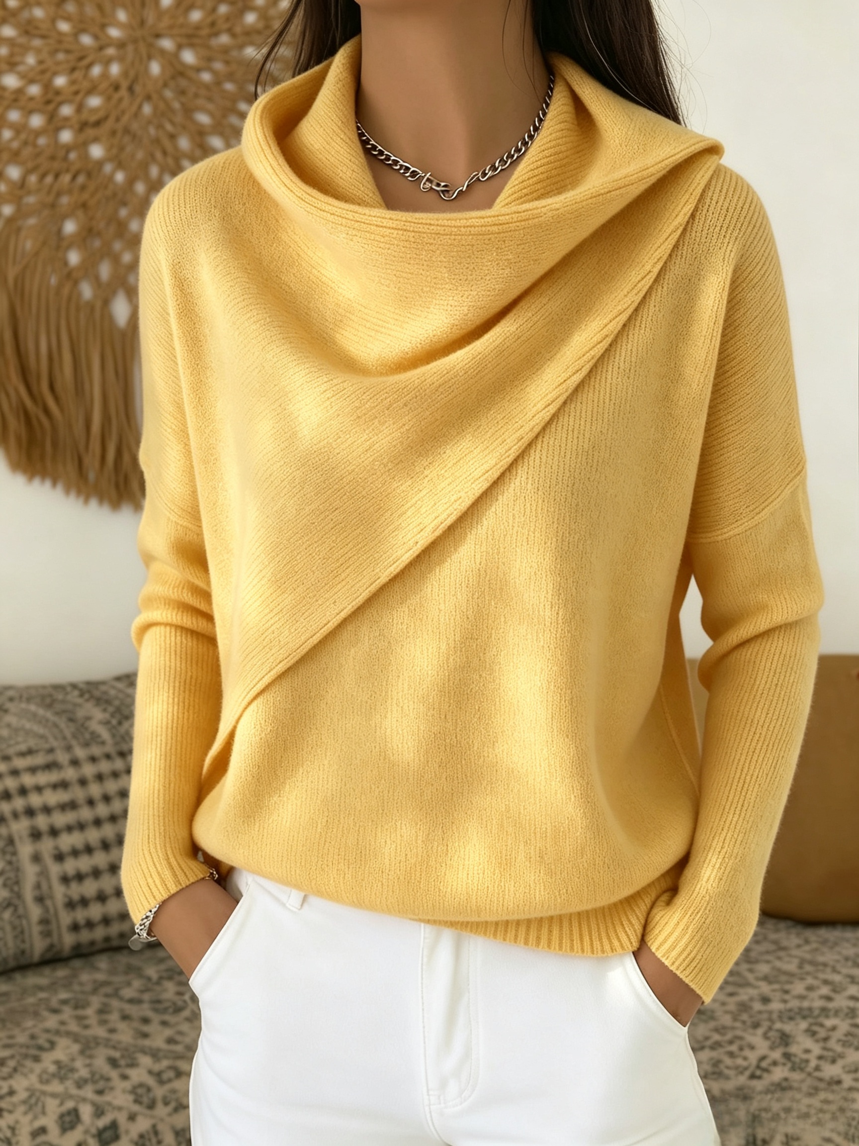 Women's Elegant Asymmetric Cowl Neck Pullover Sweater - Cozy Knit Loose Tops