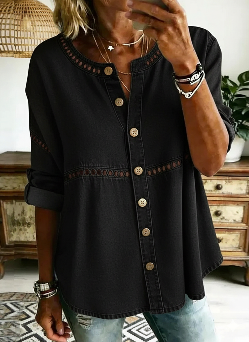 Women's Denim Round Neck Long Sleeve Button Down Top