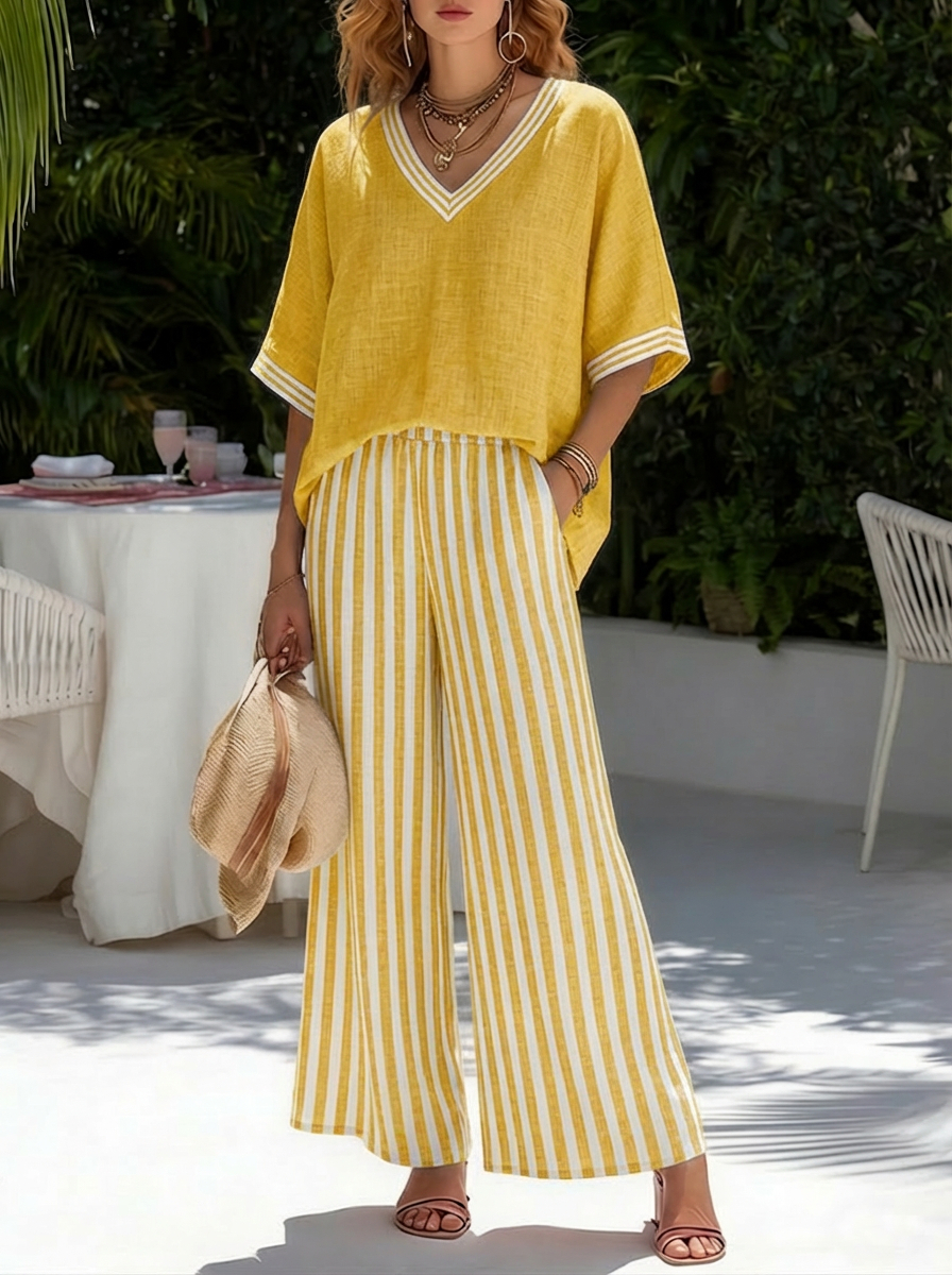 Women's Casual Two-piece Set: Striped Linen & Cotton Patchwork Top And Striped Trousers— Look Put Together in 5 Seconds