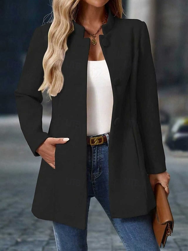 Women's Stand Collar Wool Blend Coat, Button Front Mid-Length Winter Outerwear with Pockets, Casual Daily Commute Jacket