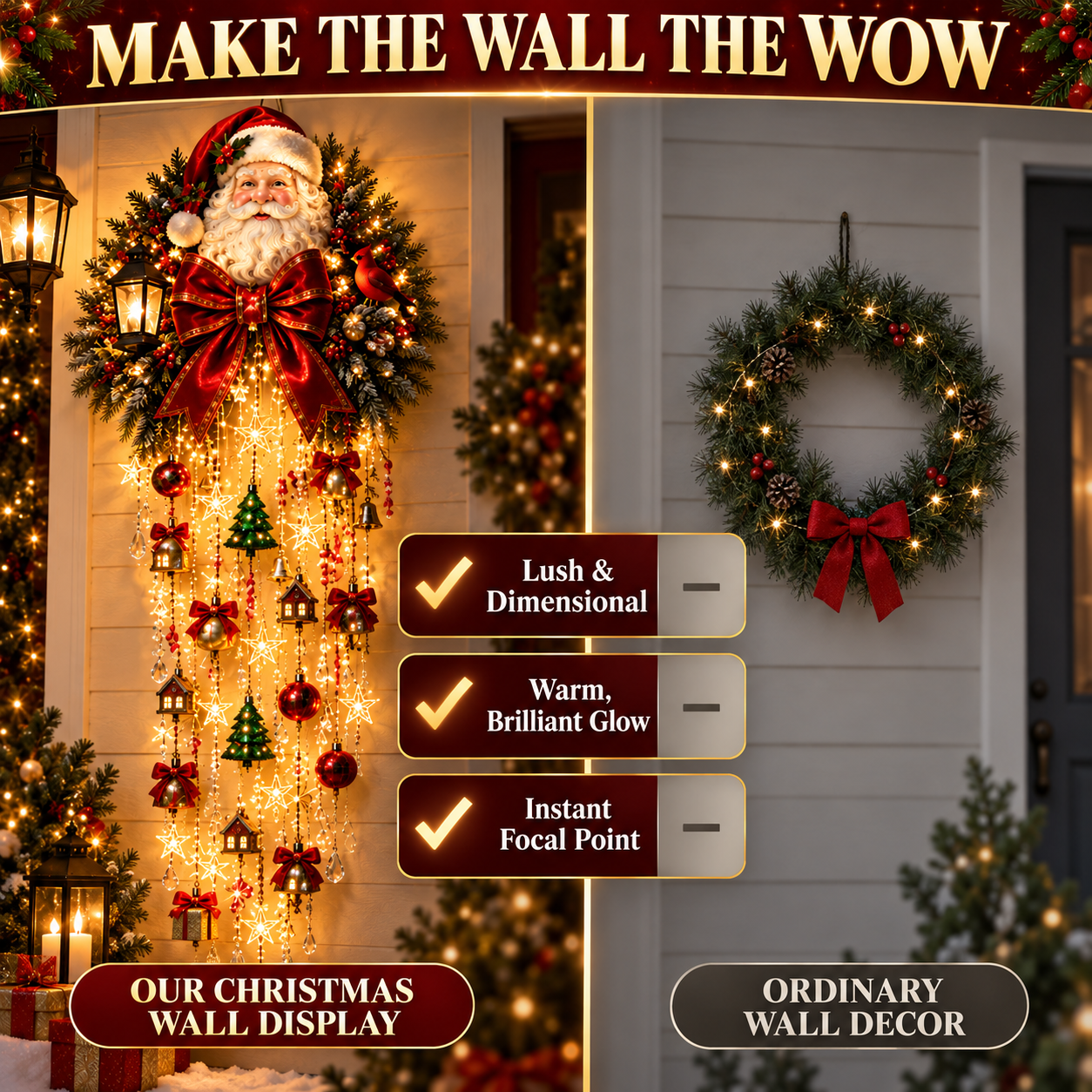 Comparison between a glowing Santa wall display and an ordinary wreath