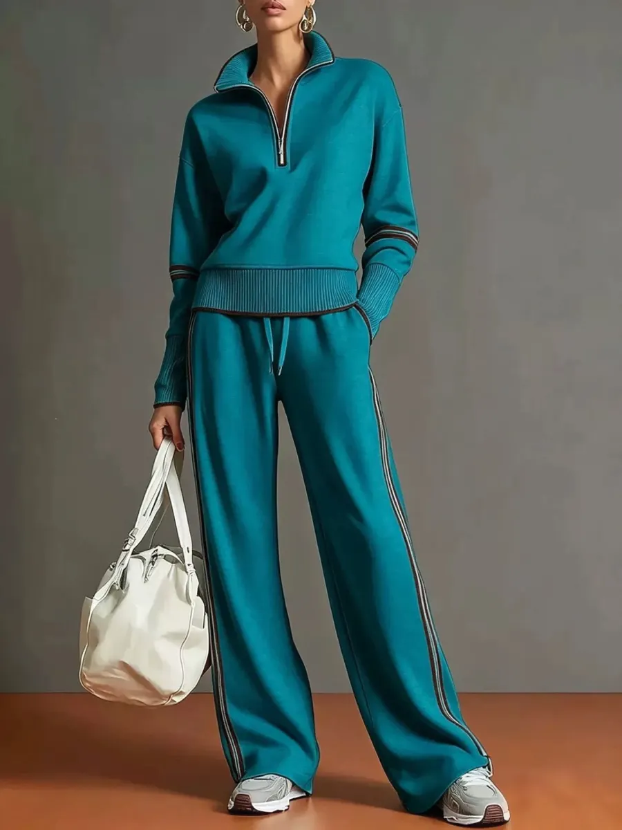 Women's Casual Two-piece Set Featuring A Half-zip Cotton Sweatshirt And Pants With Color-block Piping