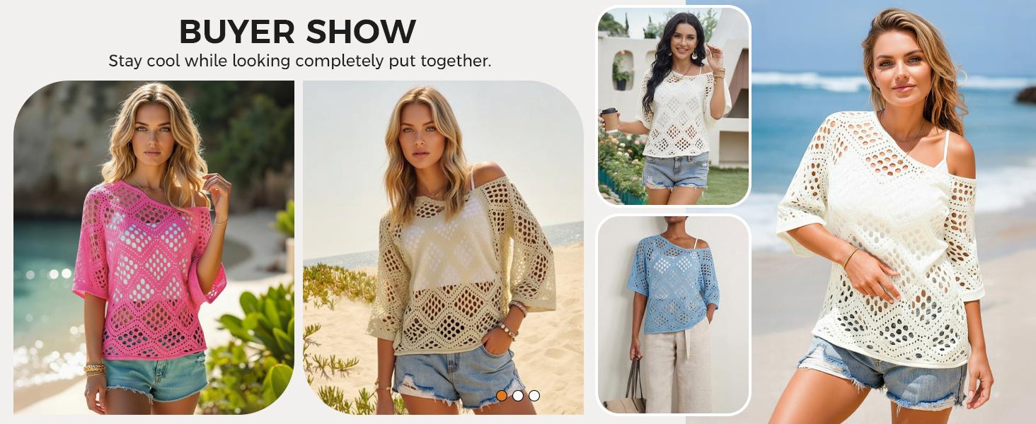Fisoew Women's Bohemian-Inspired Beige Crochet Top with V-Neck #Springtok #TikTokShopJumpstartSale Casual Chic