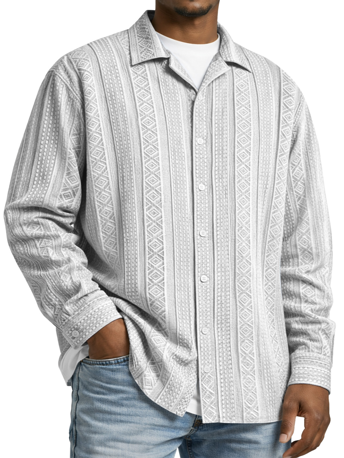 Men's Simple Solid Color Textured Long-sleeved Collared Shirt