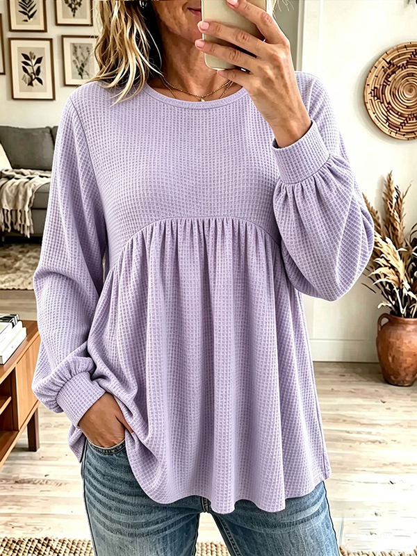 Women's Waffle KnitEmpire Waist LongSleeve BabydollPullover Top
