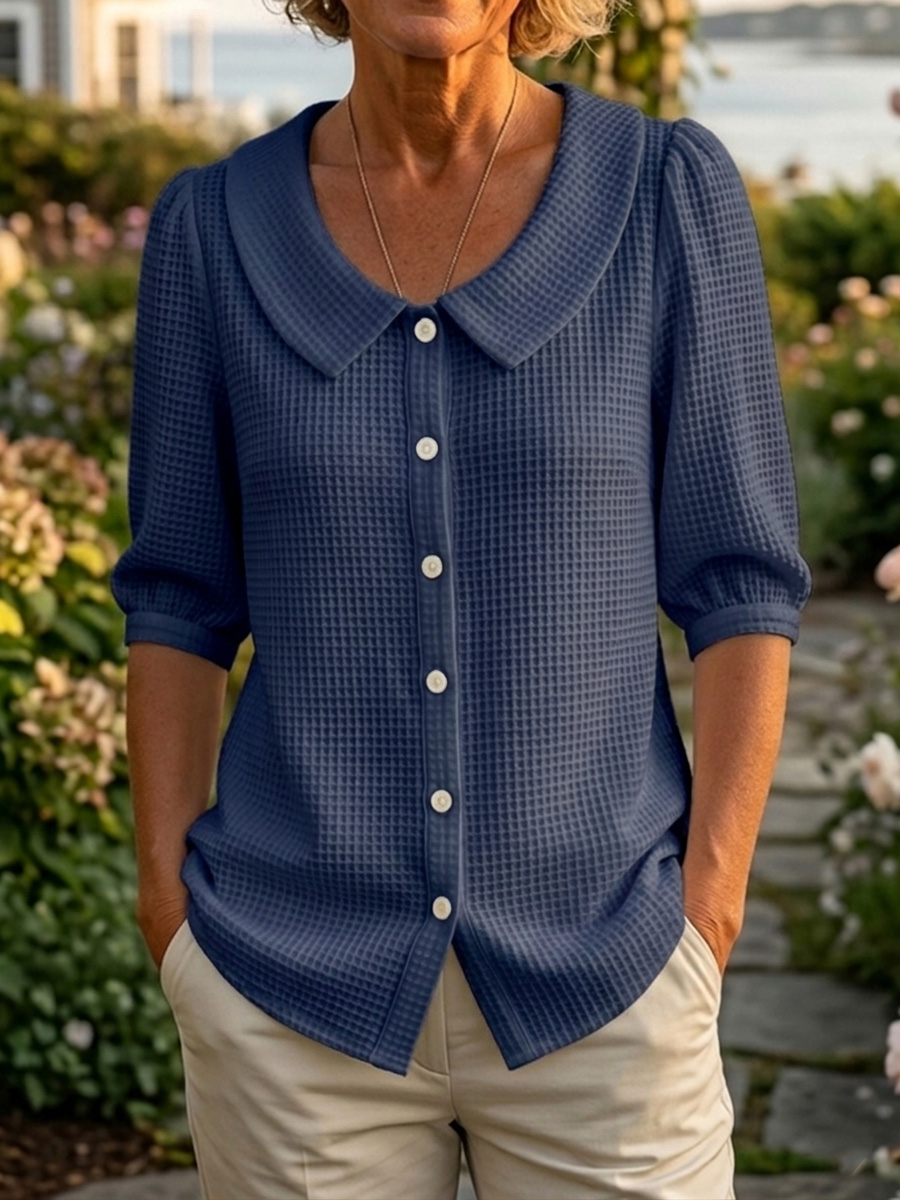 Women’s Casual Peter Pan Collar Waffle Knit Shirt