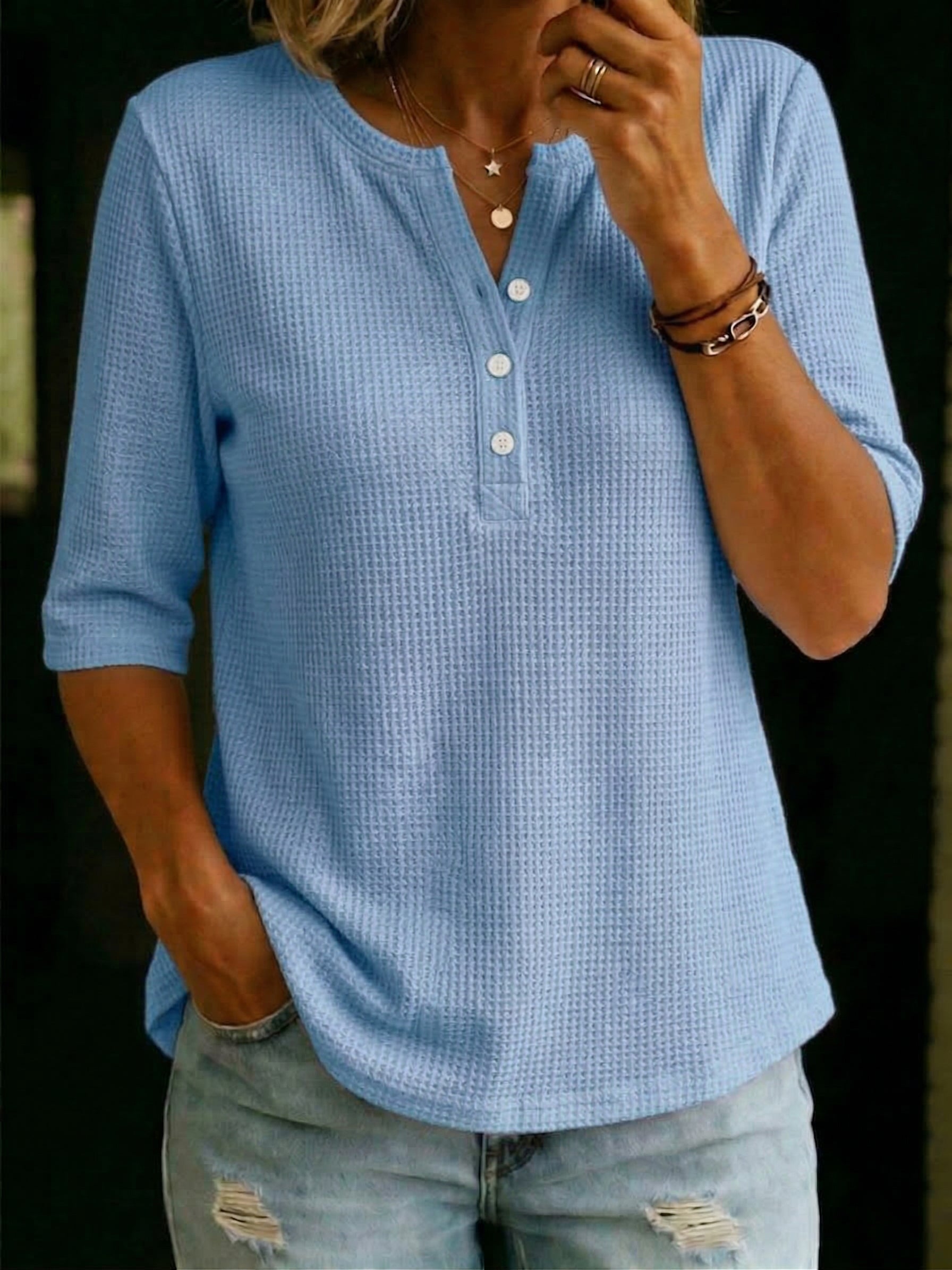 Women’s Casual Henley Waffle-knit T-shirt