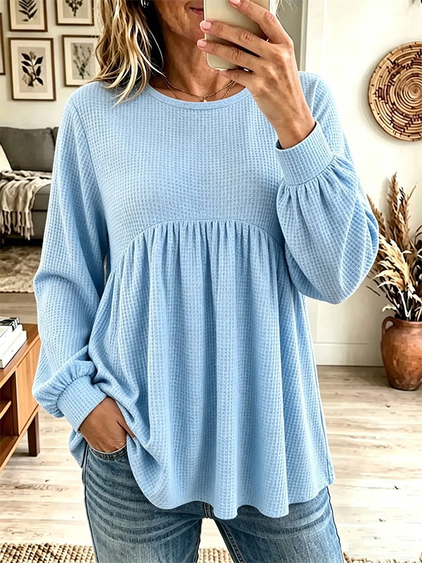 Women's Waffle KnitEmpire Waist LongSleeve BabydollPullover Top