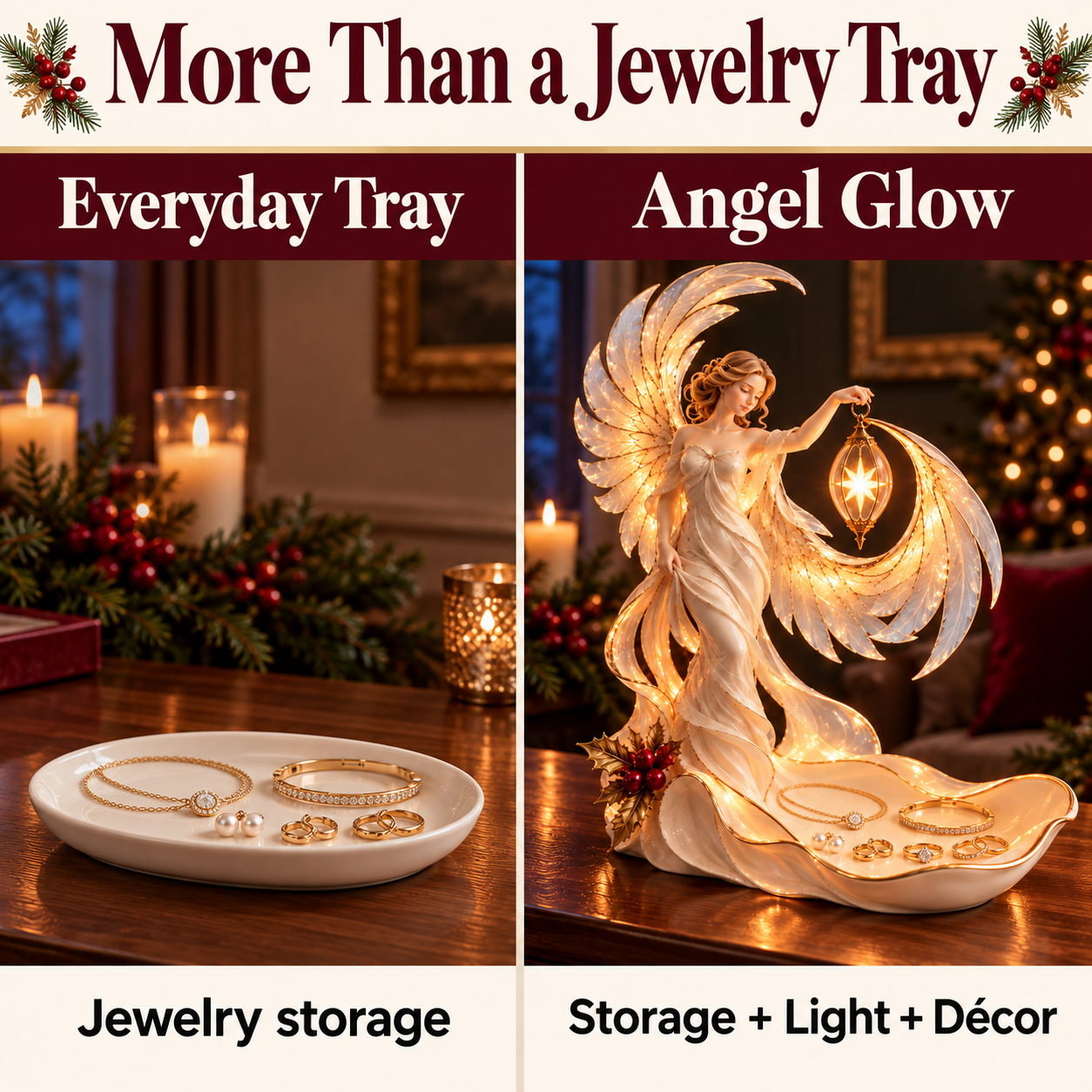 A plain jewelry tray compared with the Starlight Angel tray, which combines storage, light and decorative sculpture.