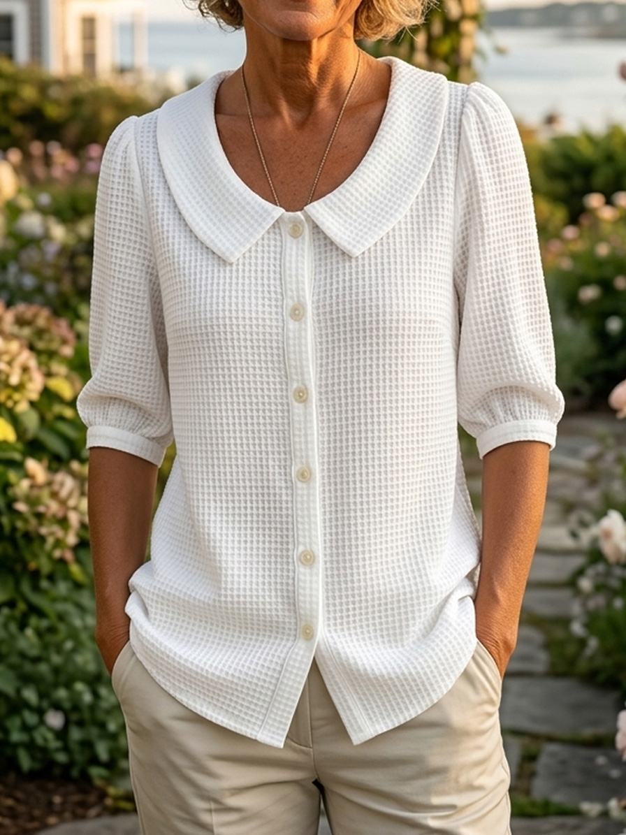 Women’s Casual Peter Pan Collar Waffle Knit Shirt