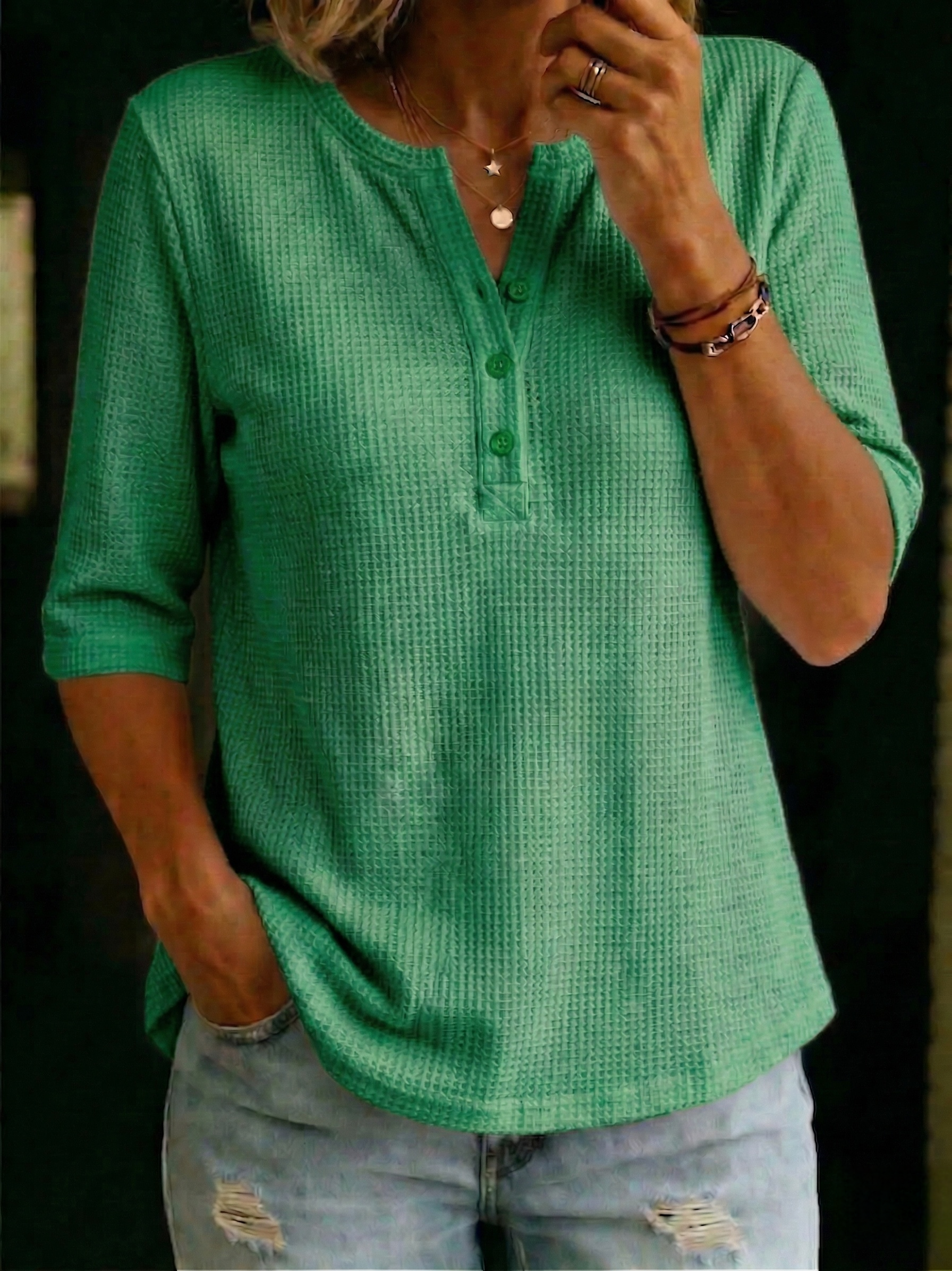 Women’s Casual Henley Waffle-knit T-shirt