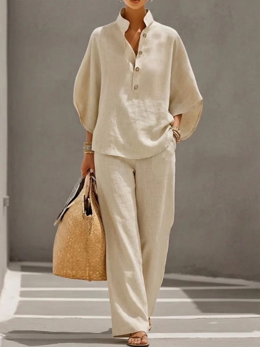 Women’s Batwing Sleeve Linen Cotton Two-Piece Set – Casual Shirt & Wide Leg Pants Outfit