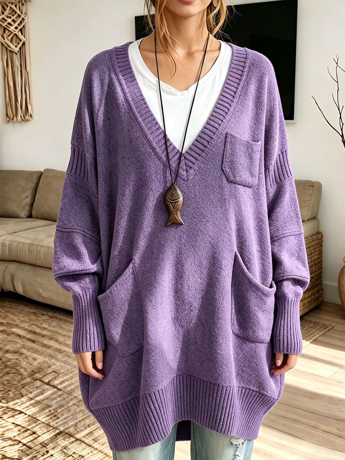 Purple Women's Oversized V-Neck Multi-Pocket Long Knit Sweater