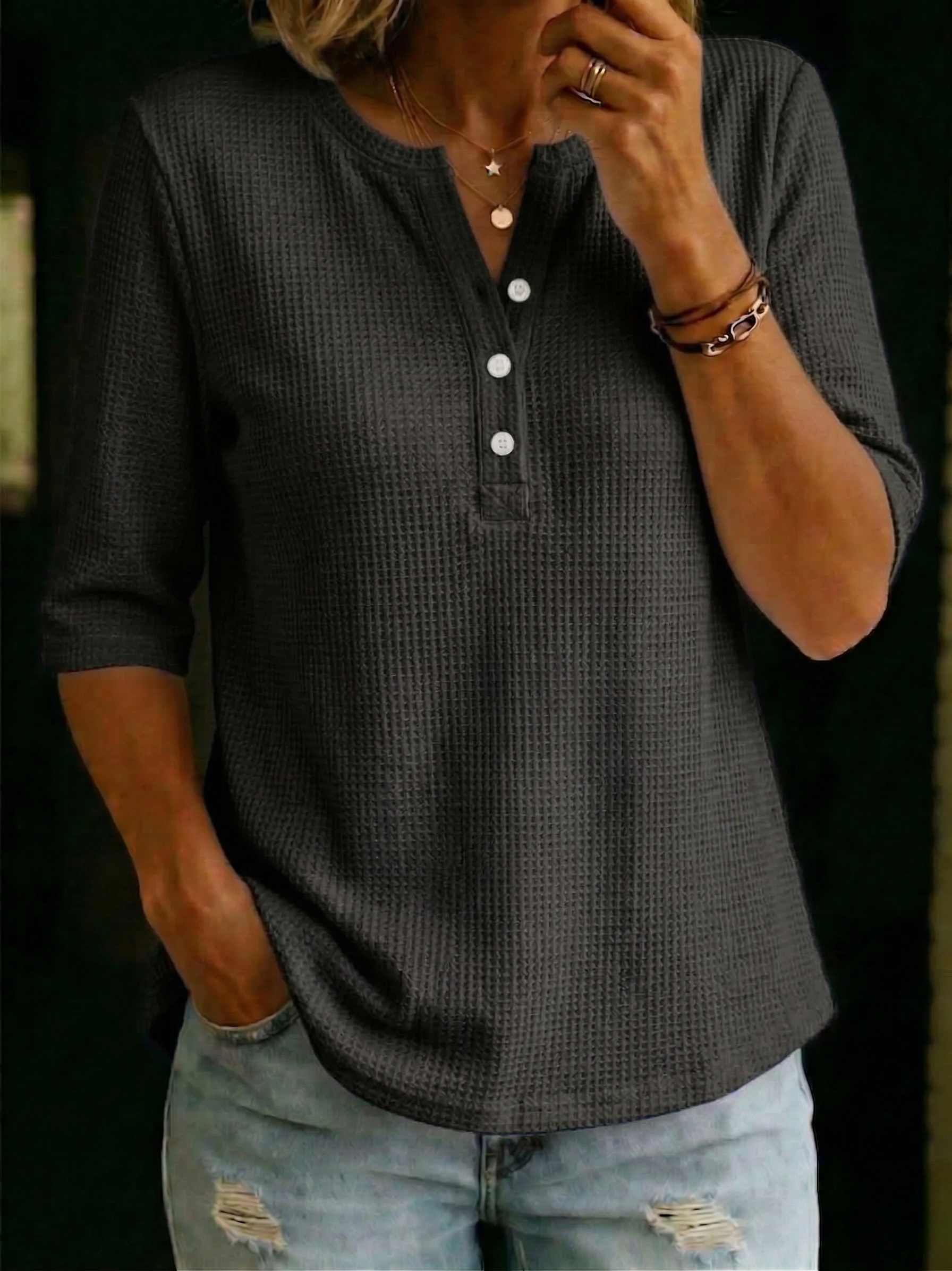 Women’s Casual Henley Waffle-knit T-shirt