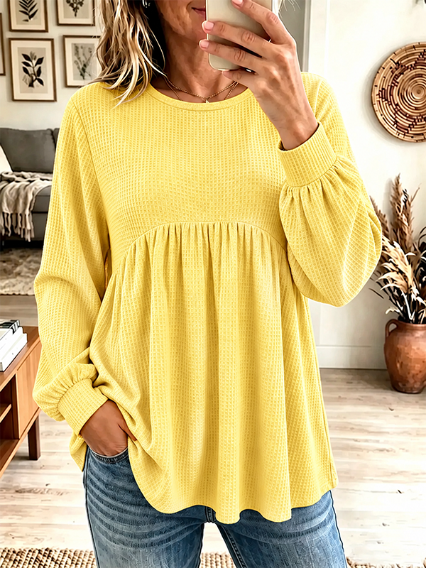 Women's Waffle KnitEmpire Waist LongSleeve BabydollPullover Top