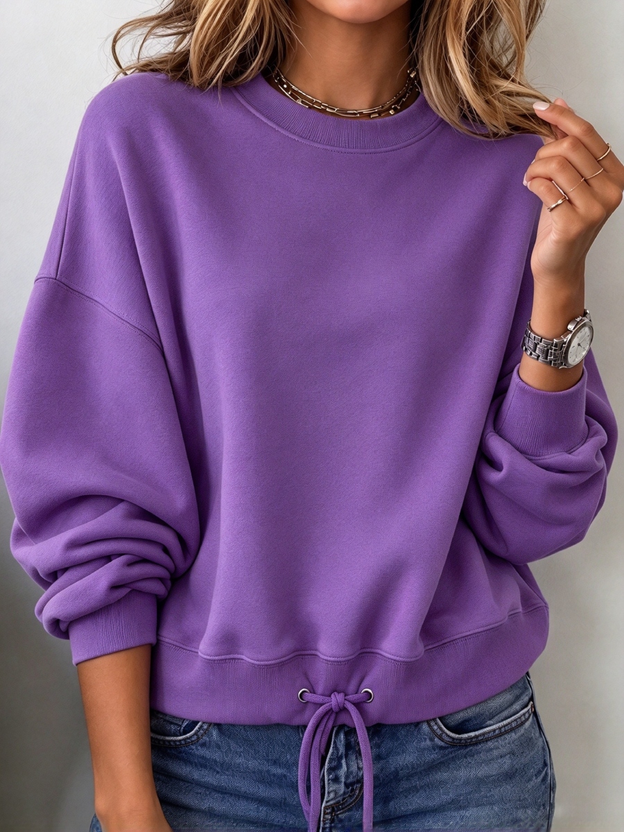 Women's Casual Drawstring Hem Crewneck Sweatshirt