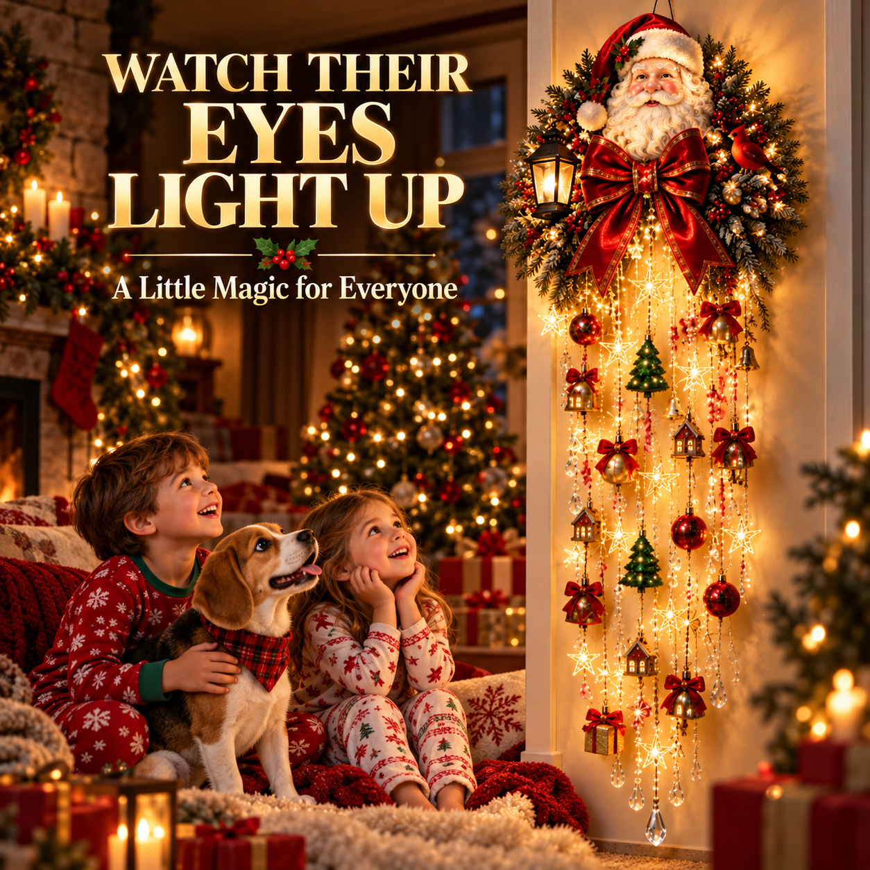 Santa Christmas wall light displayed in several holiday home settings