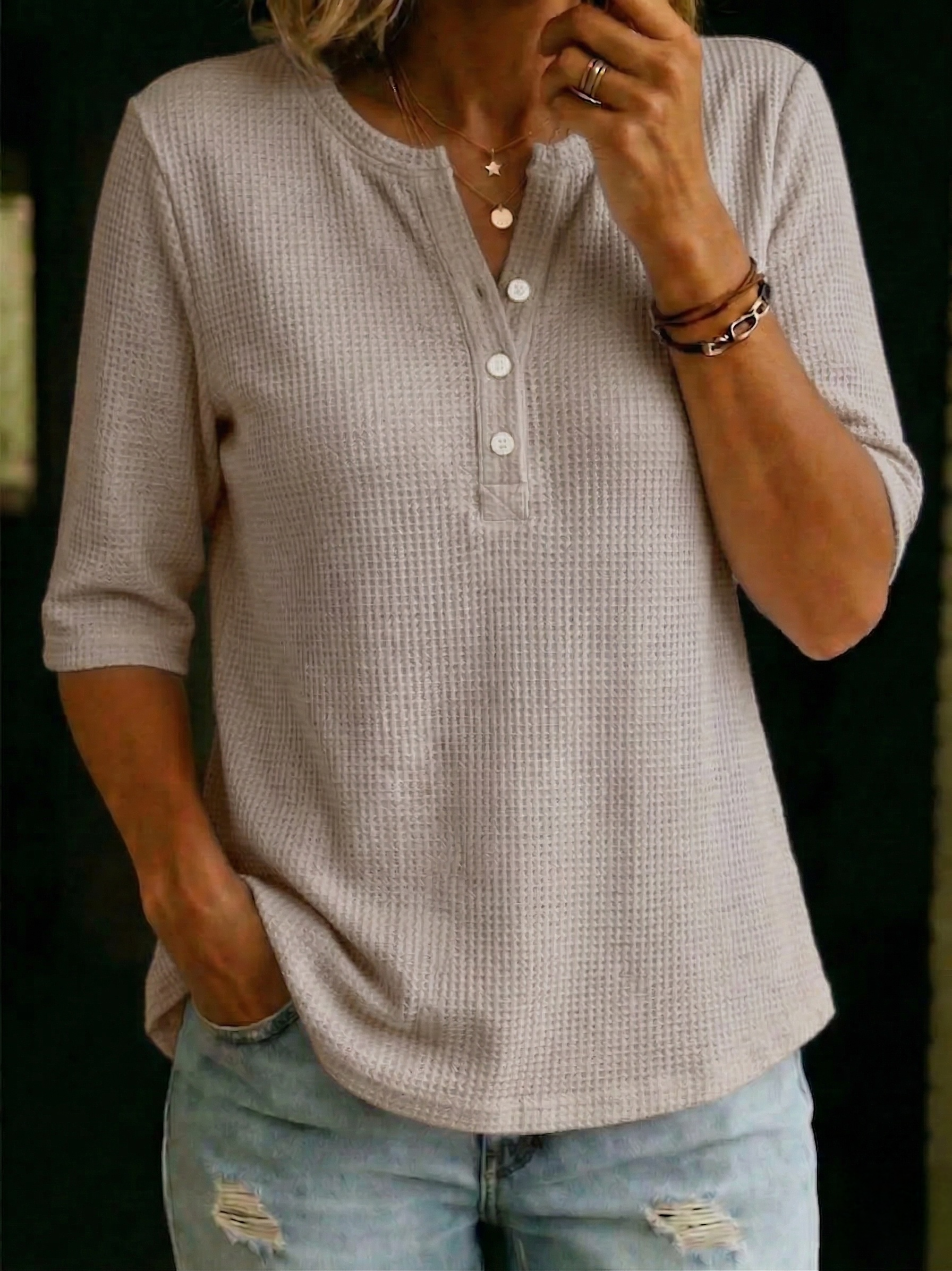 Women’s Casual Henley Waffle-knit T-shirt