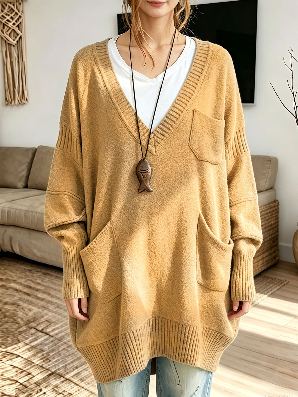 Yellow Women's Oversized V-Neck Multi-Pocket Long Knit Sweater