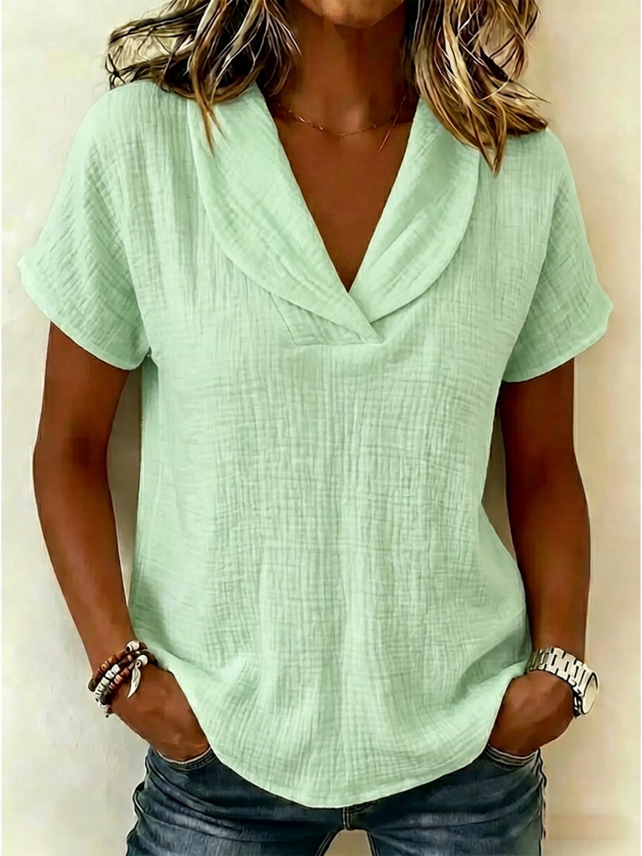 Women's Peter Pan Collar V-neck Short-sleeve Cotton-linen Top