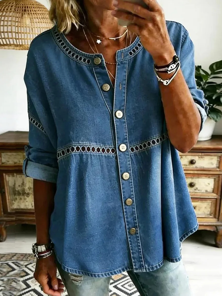 Women's Denim Round Neck Long Sleeve Button Down Top