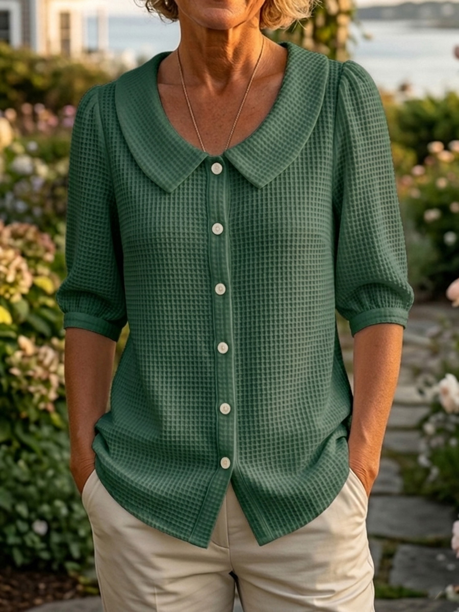Women’s Casual Peter Pan Collar Waffle Knit Shirt