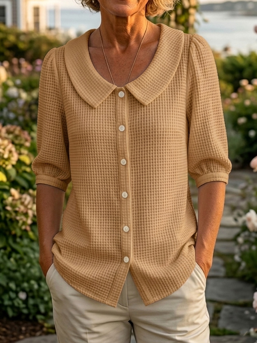 Women’s Casual Peter Pan Collar Waffle Knit Shirt